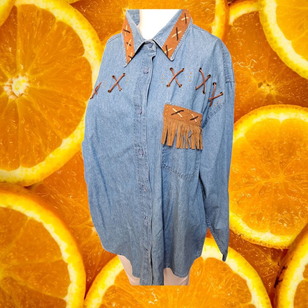 P.G.B. Western Denim Shirt Leather Fringe Lace Up Detail Large - Picture 2 of 8